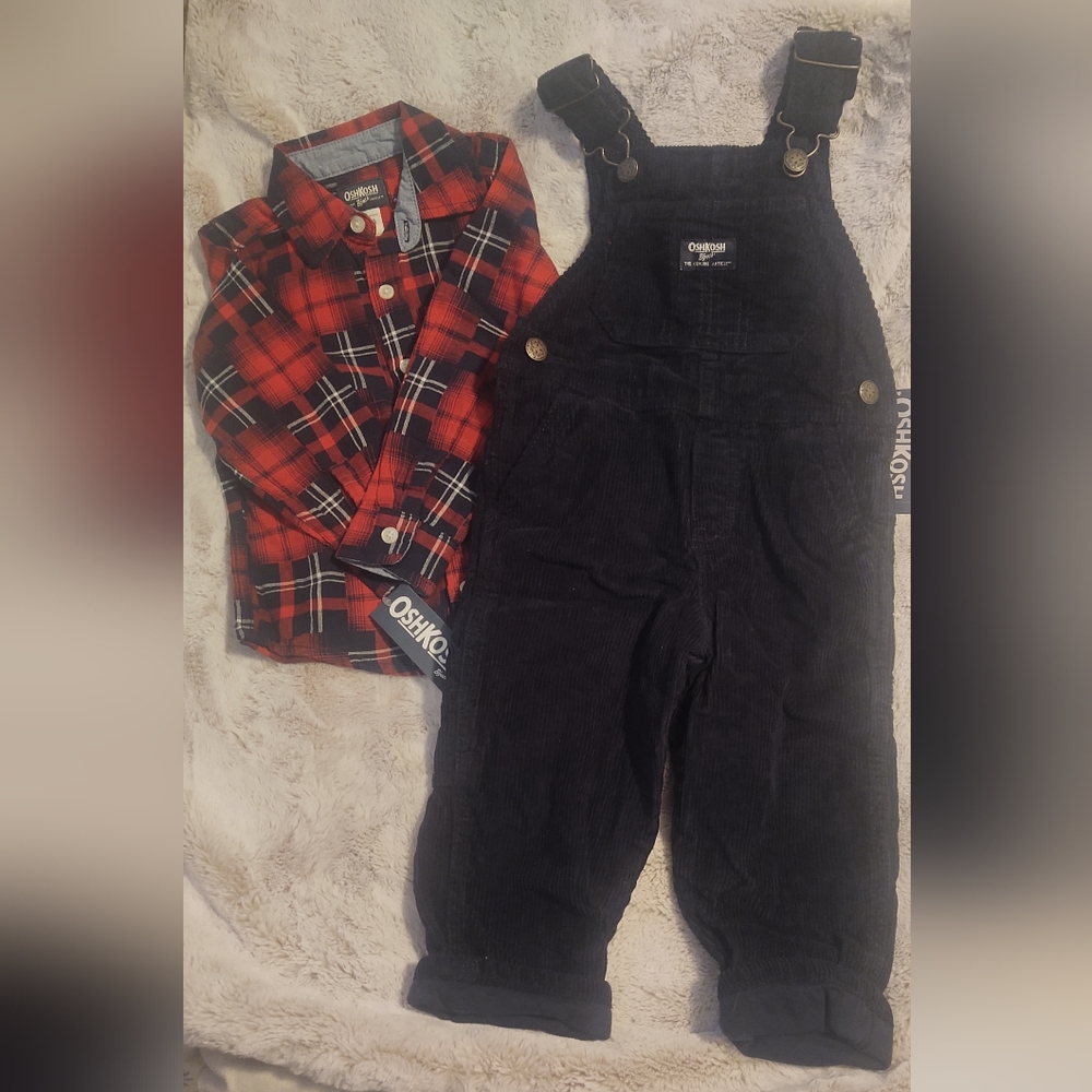 OshKosh toddler boy plaid shirt and corduroy overalls size 2T